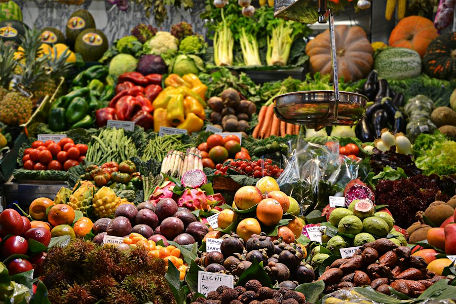 Market display of fruit and vegetables